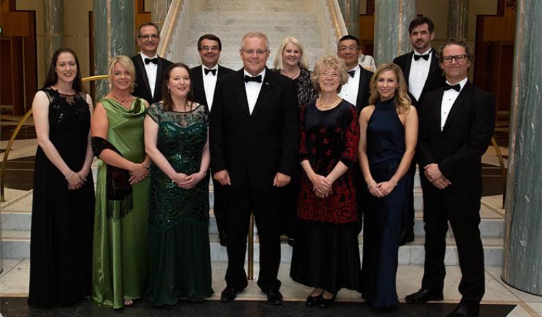 Photo of the recipients of the 2019 Prime Minister’s Prizes for Science at the award ceremony with the Prime Minister and Minister for Industry, Science and Technology.