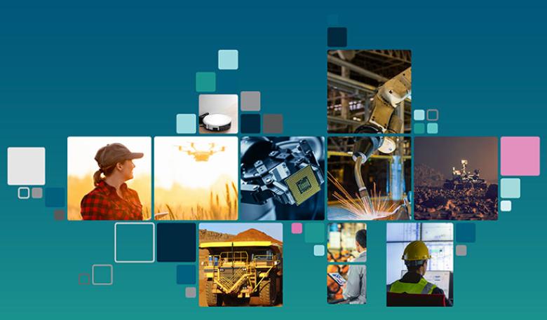 Collage of photos of people and machinery