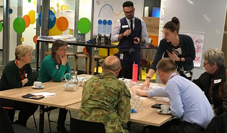 A Discovery workshop Five public servants (including an Army officer) sort cards in a workshop with two facilitators.