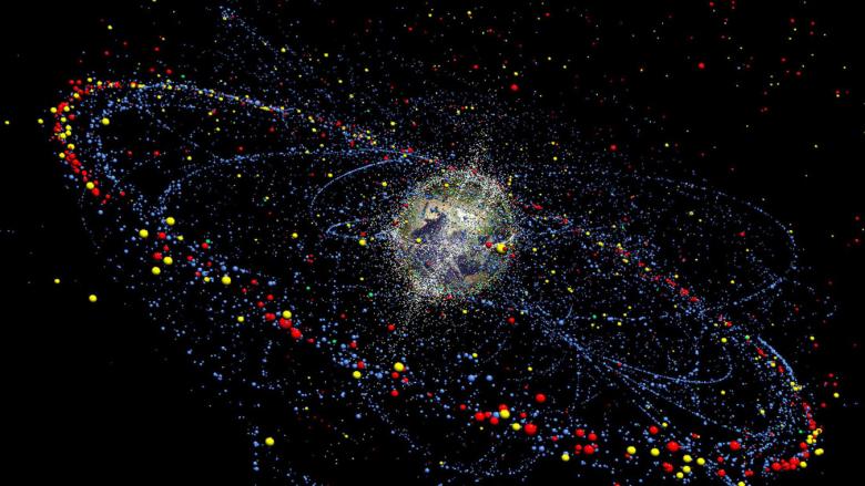 A graphic shows many pieces of space debris in orbit around the Earth