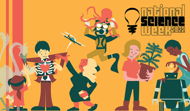 Illustration with the National Science Week logo. There is an orange background and 6 cartoon characters taking part in different STEM activities.