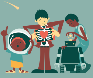 Decorative banner of cartoon people conducting science experiments.