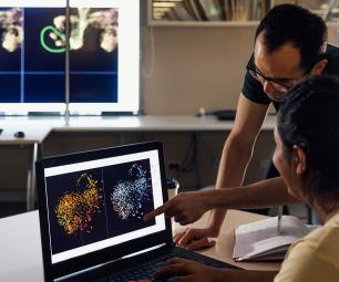 Photo shows a person pointing at a laptop screen showing complex diagrams. His colleague is watching hm explain the model.