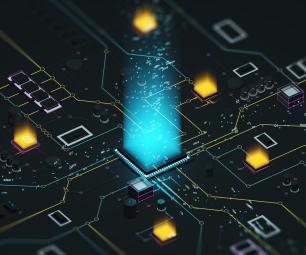 A glowing microprocessor on a circuit board