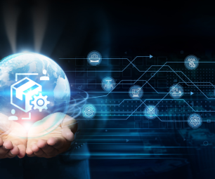 A person holding a globe in the palm of their hands. Icons and arrows are flowing out of the globe.   