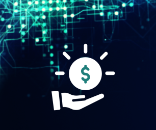 A glowing chipboard behind an icon of a hand holding an icon representing money.