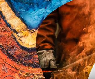 Composite photo shows overhead view of mining activities in the desert and a manufacturing process for green metal.