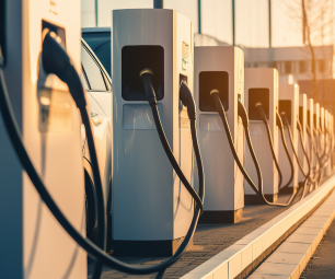 A row of electric vehicle charging stations with the sun setting behind them