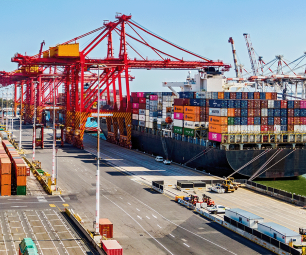 Elevated view of a container ship the Port of Melbourne Swanson Dock container terminal.