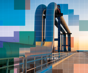 Image of blue pipes going to an oil refinery with a decorative watermark.