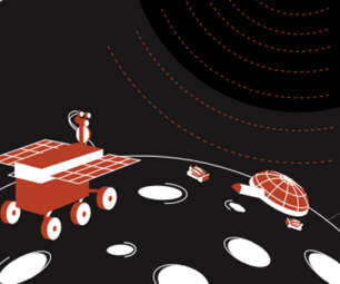 Image from cover of the Robotics and Automation roadmap showing an illustration of the lunar surface with multiple rovers and Earth in the distance.