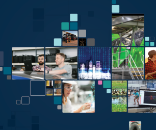 Decorative image shows pictures of people working or artificial intelligence