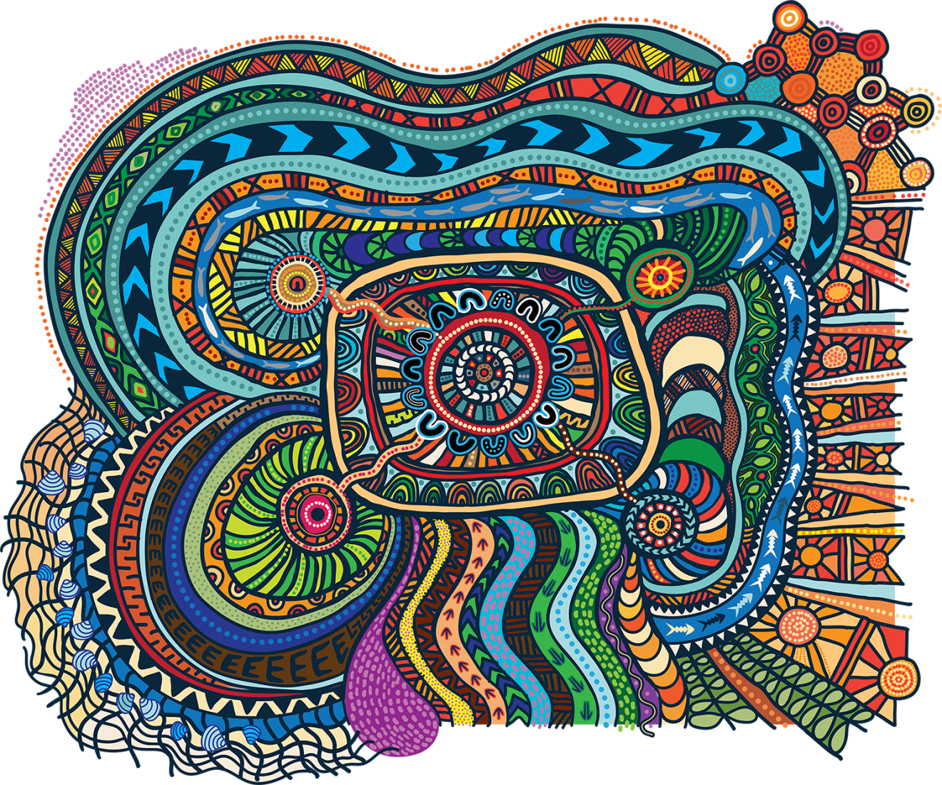 A colourful First Nations artwork. Full description follows