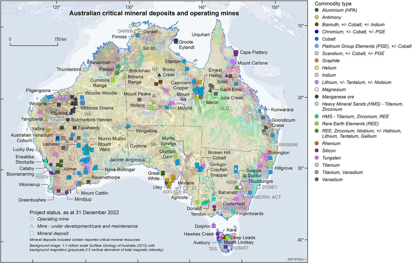 Map showing mines and deposits of critical minerals in Australia. They are located all over the country, but particularly in Western Australia, the Northern Territory, North Queensland and south-eastern Australia