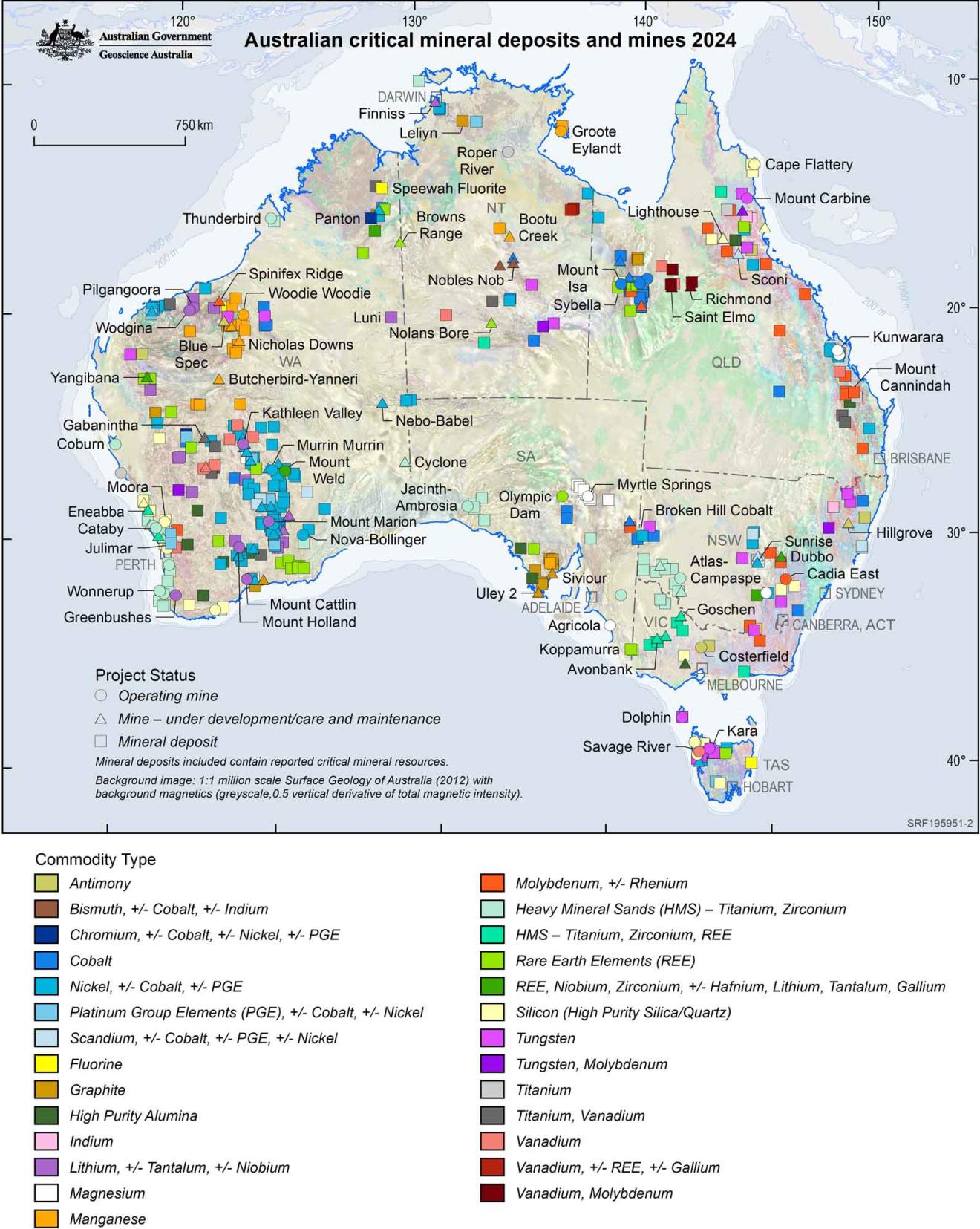 This map shows the locations and status of 538 Australian operating mines, mines under development, mines on care and maintenance and mineral deposits associated with a critical mineral resource as at December 2025.