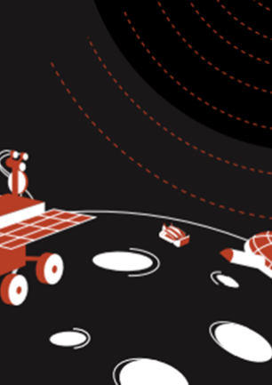 Image from cover of the Robotics and Automation roadmap showing an illustration of the lunar surface with multiple rovers and Earth in the distance. 