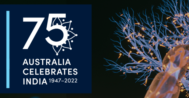 Graphic with the number 75 and writing: Australia celebrates India 1947-2022