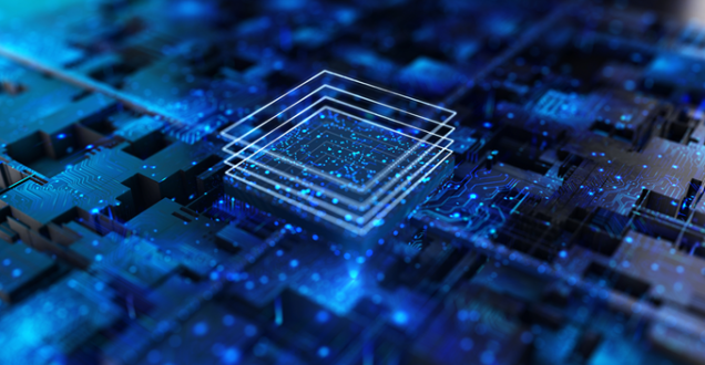 Conceptual image of blue computer chip.
