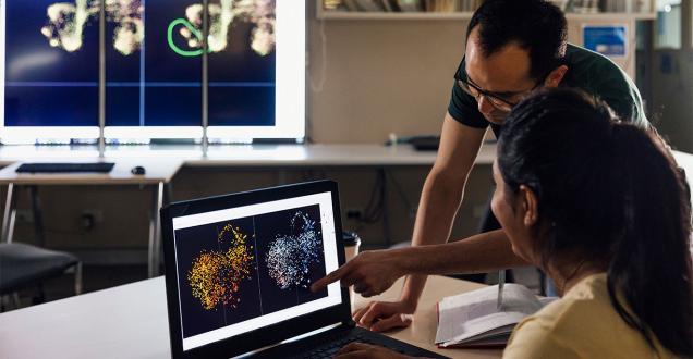 Photo shows a person pointing at a laptop screen showing complex diagrams. His colleague is watching hm explain the model.