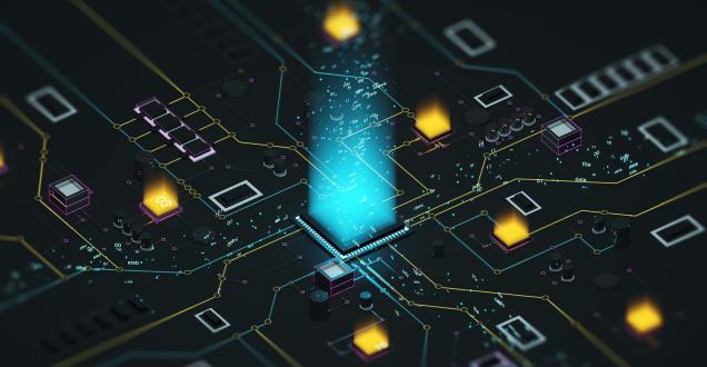 A glowing microprocessor on a circuit board