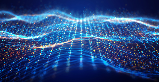 Abstract network wave and a glowing blue and orange particle data on dark background