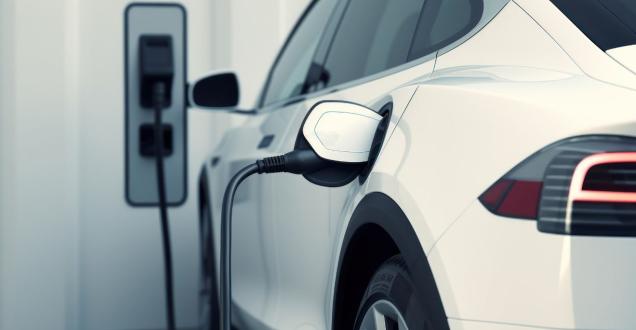 Photo of the back end of a white electric vehicle with a charging cable plugged in. The electric vehicle supply equipment (EVSE) is in the background.