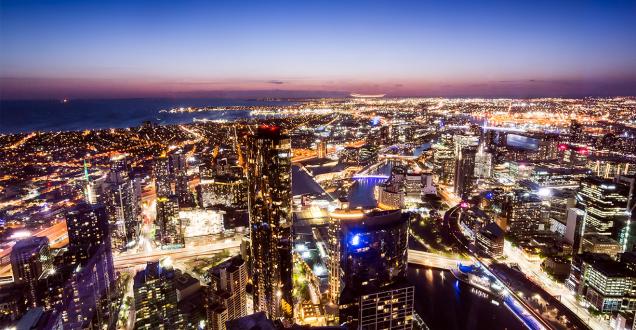 Melbourne city skyline lit up at night