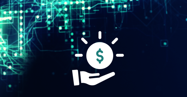 A glowing chipboard behind an icon of a hand holding an icon representing money.