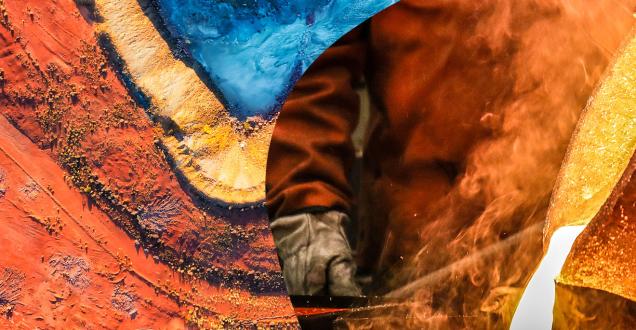 Composite photo shows overhead view of mining activities in the desert and a manufacturing process for green metal.