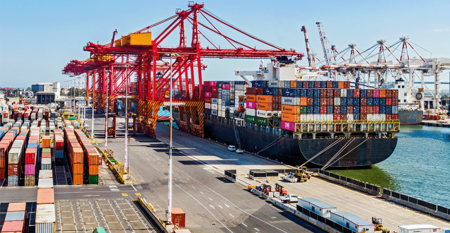 Elevated view of a container ship the Port of Melbourne Swanson Dock container terminal.