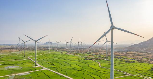 Wind turbines generating electricity on rice field at Phan Rang, Ninh Thuan, Vietnam. 