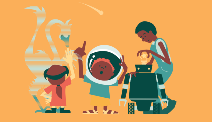 Fun characters from National Science Week. A girl wearing a VR headset reaches up to pat a virtual dinosaur. A boy with a space helmet pointing to a shooting star. And a woman engineer puts together a robot.