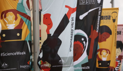 Photo of illustrated characters on banners