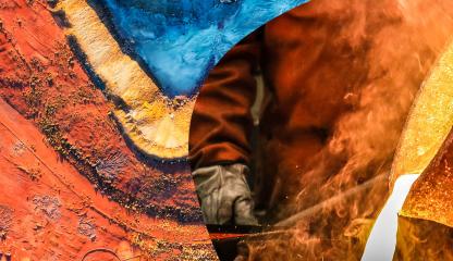 Composite photo shows overhead view of mining activities in the desert and a manufacturing process for green metal.