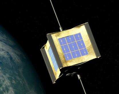 Small gold and blue box with wires floating in space with earth in background