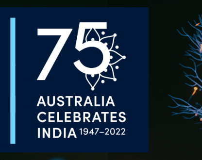 Graphic with the number 75 and writing: Australia celebrates India 1947-2022