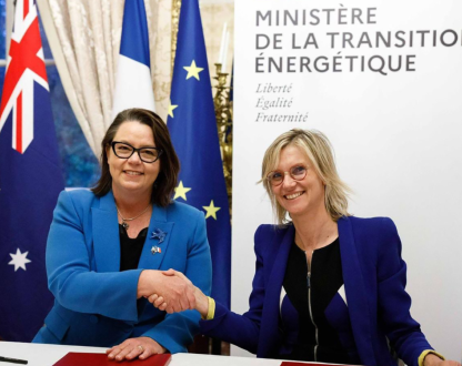 Minister for Resources Madeleine King signs the bilateral agreement with France’s Minister for the Energy Transition, Agnès Pannier-Runacher.