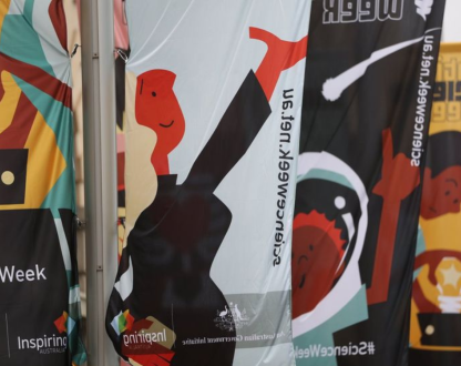 Photo of illustrated characters on banners