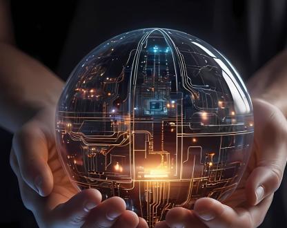Hands holding a see through globe with circuitry inside