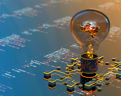 Illustration of a light globe, computer circuity and code.