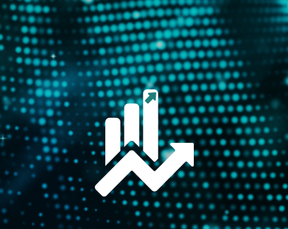 A glowing screen behind an icon of an arrow pointing up with a bar graph.