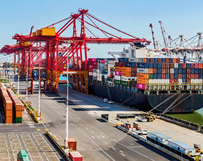 Elevated view of a container ship the Port of Melbourne Swanson Dock container terminal.