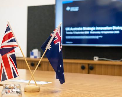 British and Australian flags on a conference room desk with a presentation screen in the background ‘UK-Australia Strategic Innovation Dialogue’. 