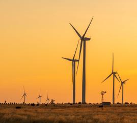Wind turbines in the outback at sunset