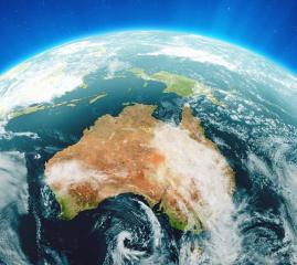 Photo of Earth from space showing Australia with swirling atmosphere